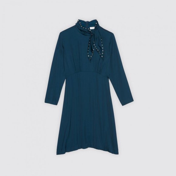 Sandro Mini Dress With Studded Bow Collar In Lake Blue Long Sleeves